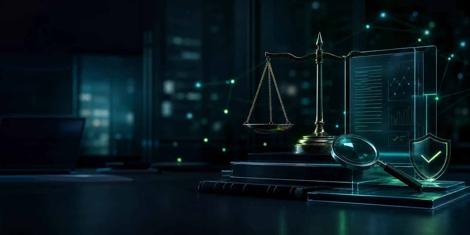 Balanced scale, research documents and verification shield