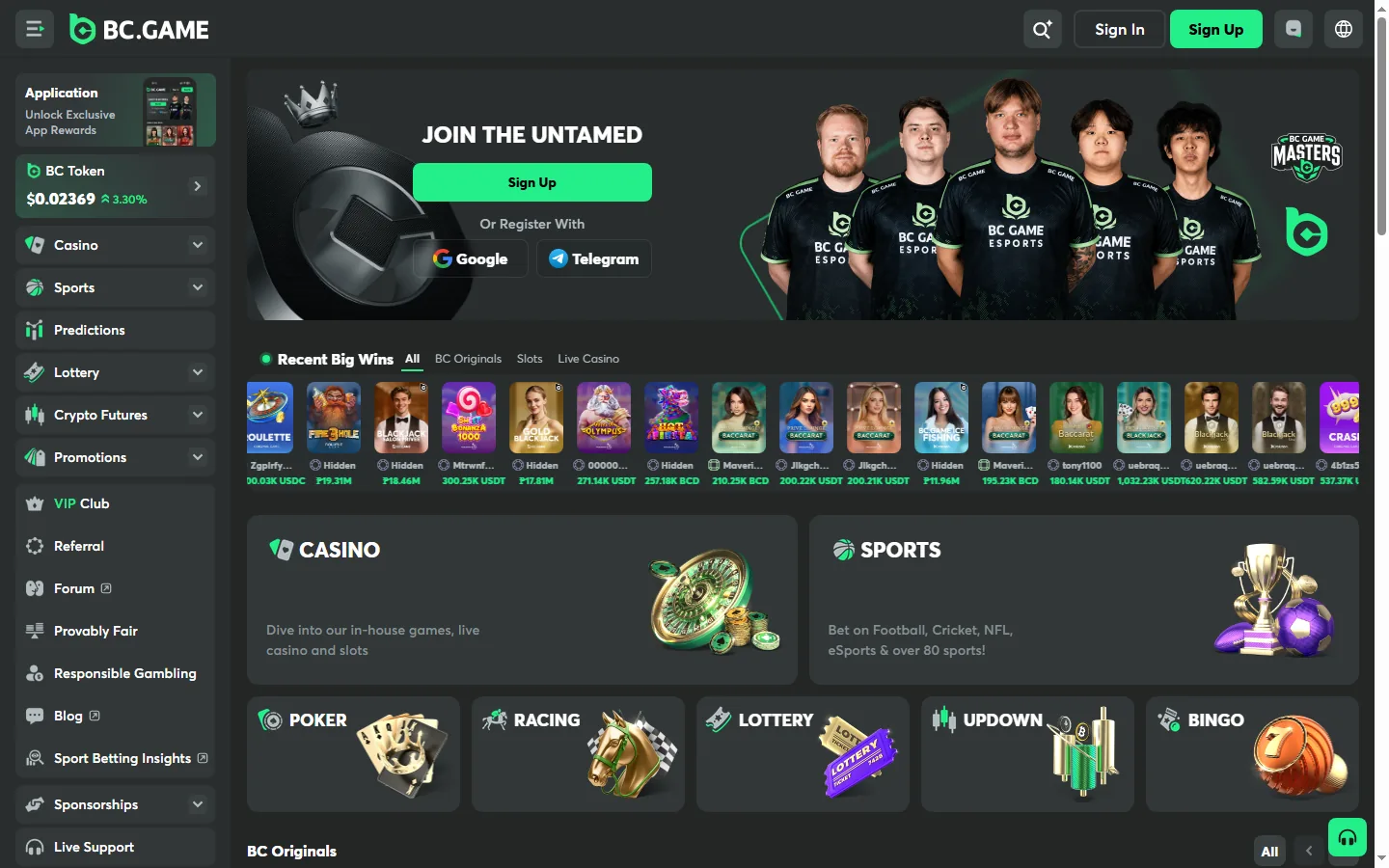 BC.Game public homepage showing casino, sports and game categories