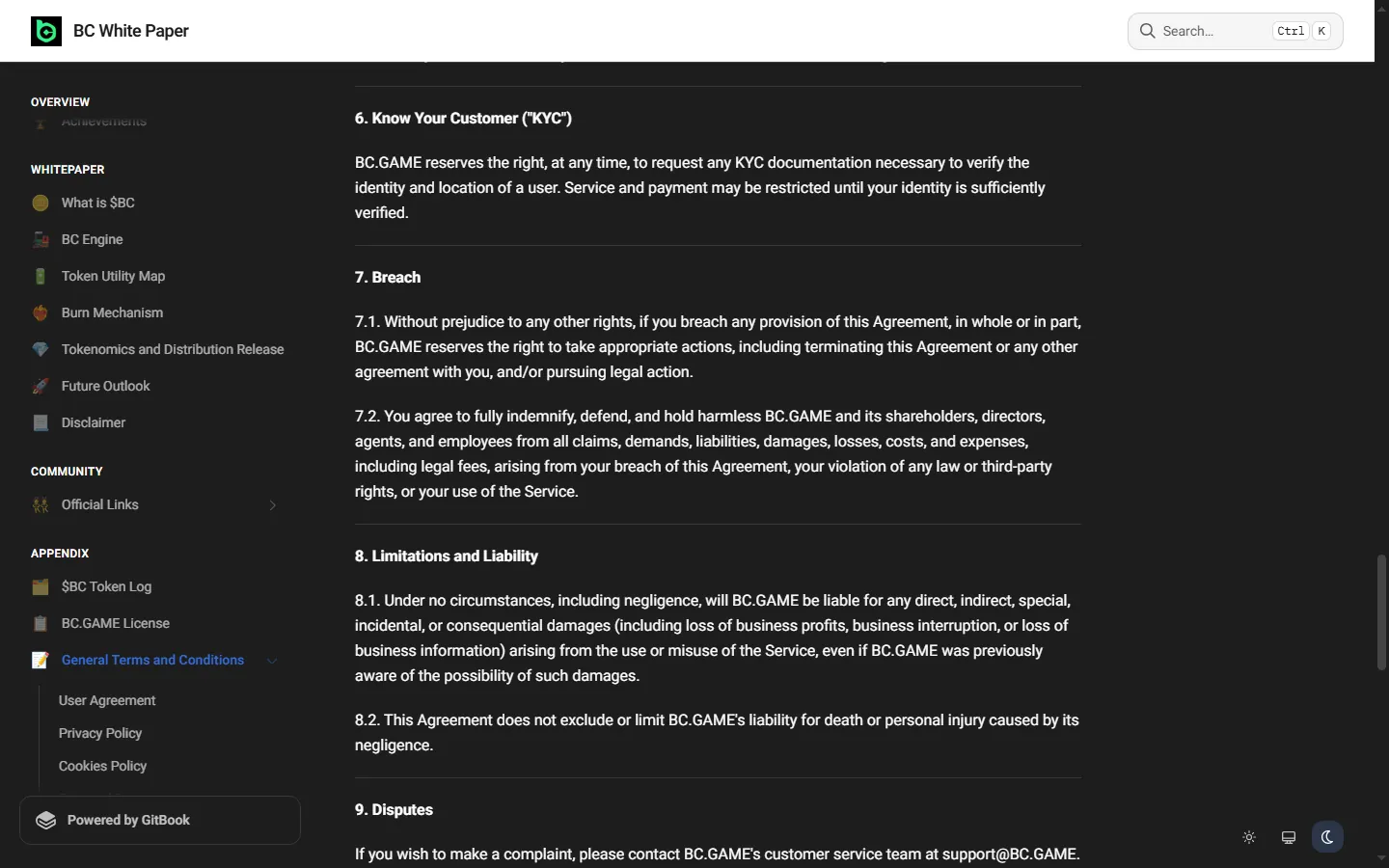 BC.Game general terms stating that KYC documents may be requested to verify identity and location