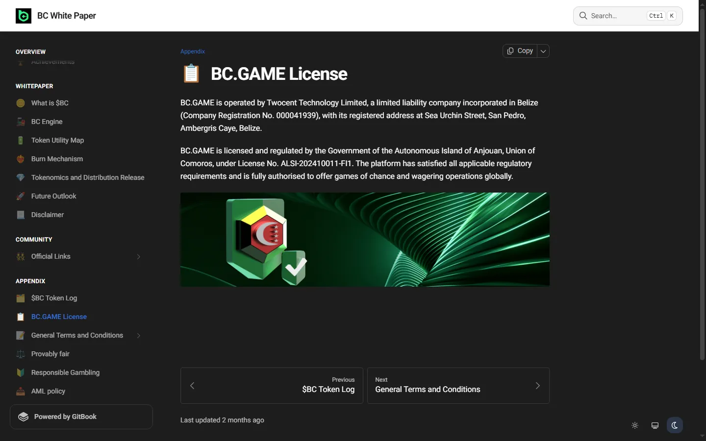 BC.Game whitepaper licence page naming Twocent Technology Limited and an Anjouan licence