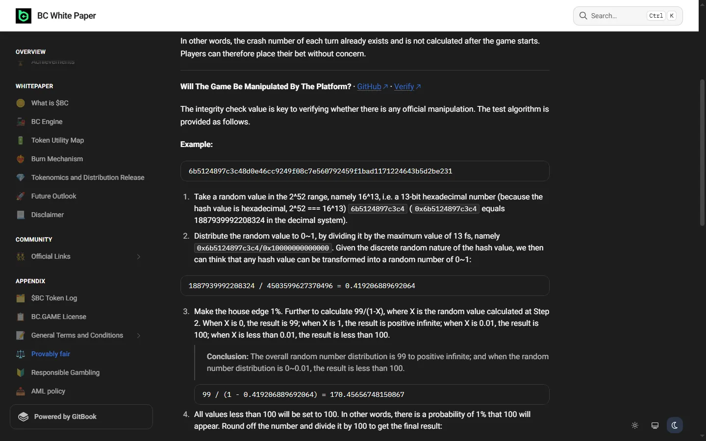 BC.Game provably fair documentation showing a crash game verification calculation