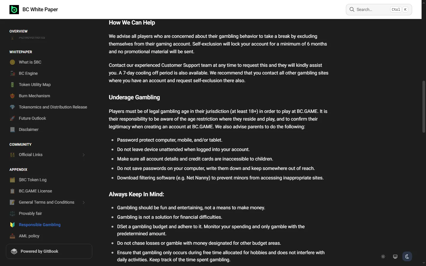 BC.Game responsible gambling page describing self-exclusion and a seven-day cooling-off period