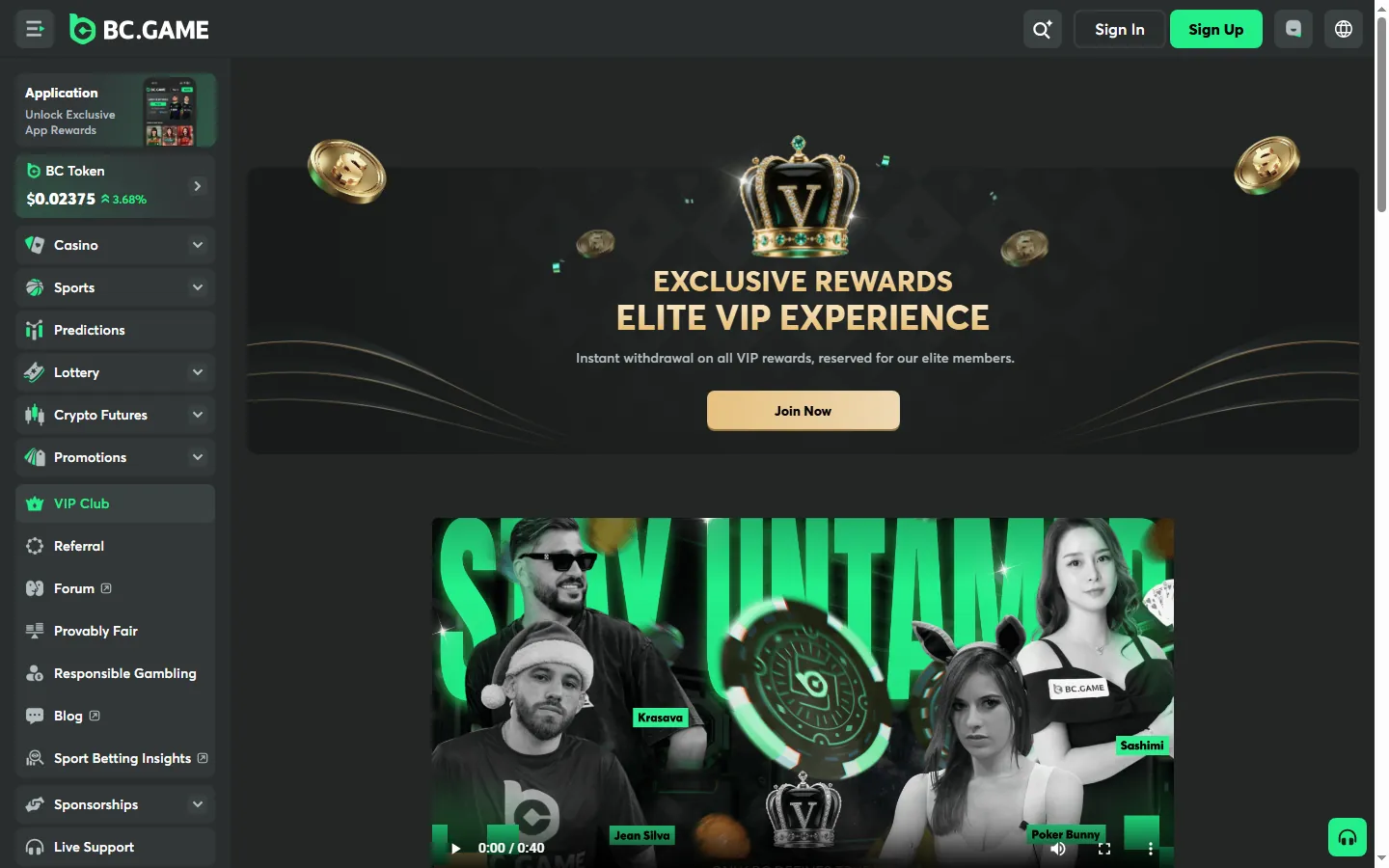 BC.Game public VIP page advertising invitation-only rewards and VIP benefits