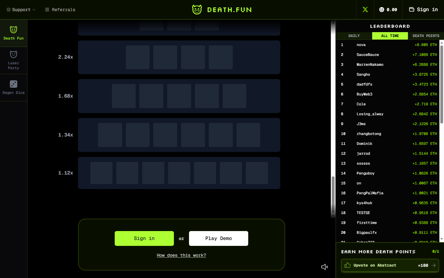 Death.fun public game interface showing multiplier rows, demo access and an ETH leaderboard