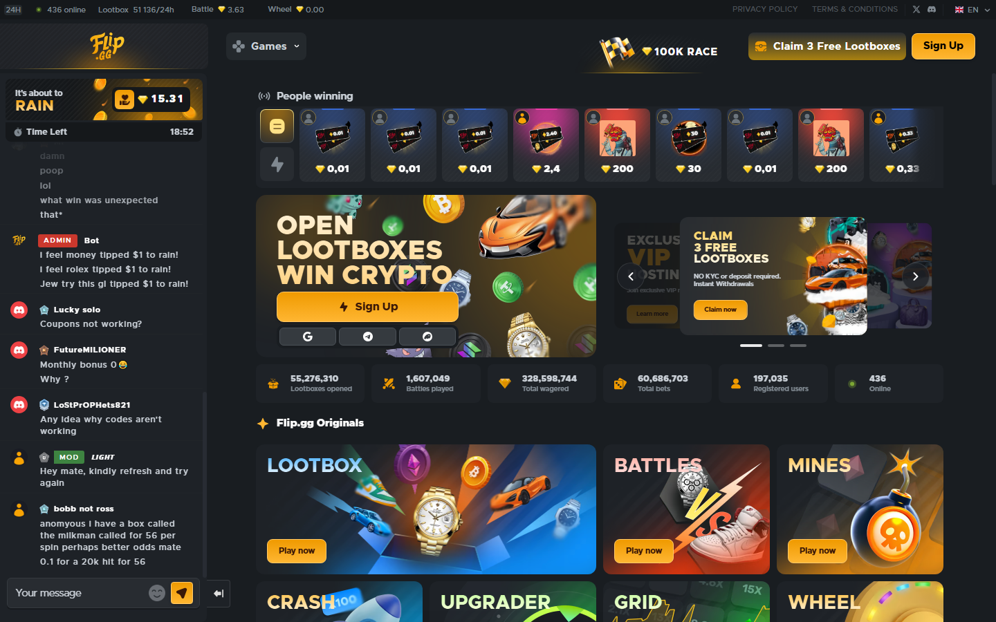 Flip.gg public interface showing lootboxes, battles, mines and other game categories