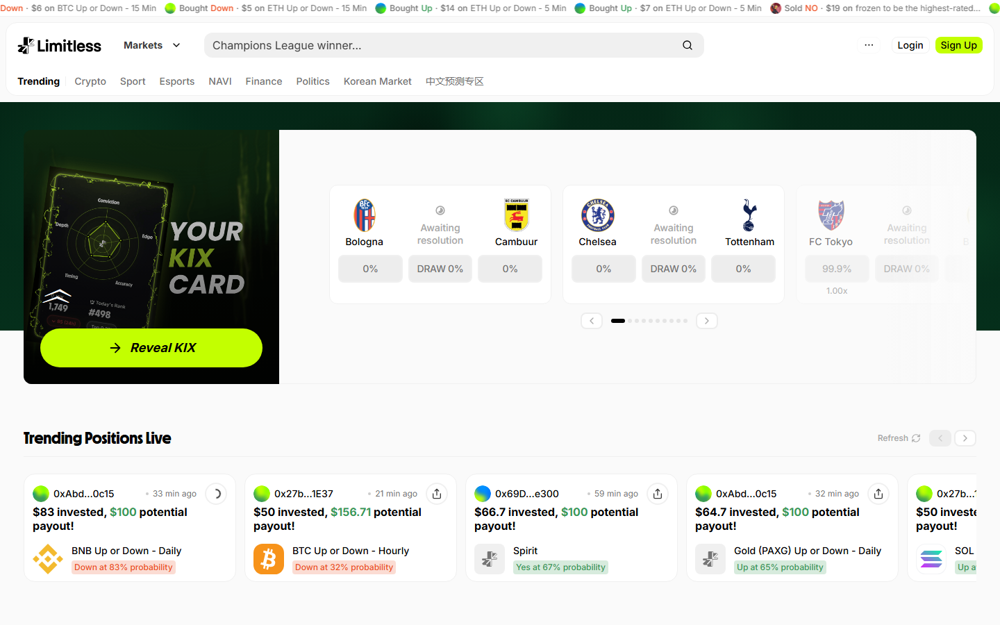Limitless public prediction-market interface showing navigation and active market cards