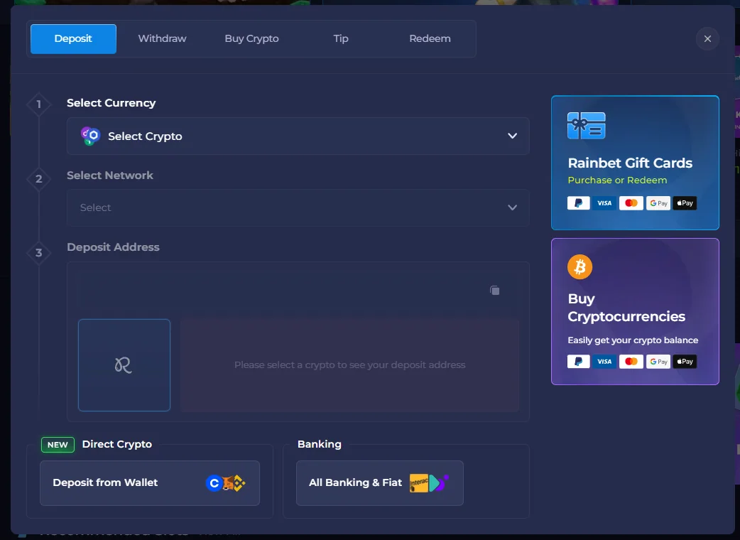 Rainbet cashier showing crypto selection, network selection, gift cards and banking options