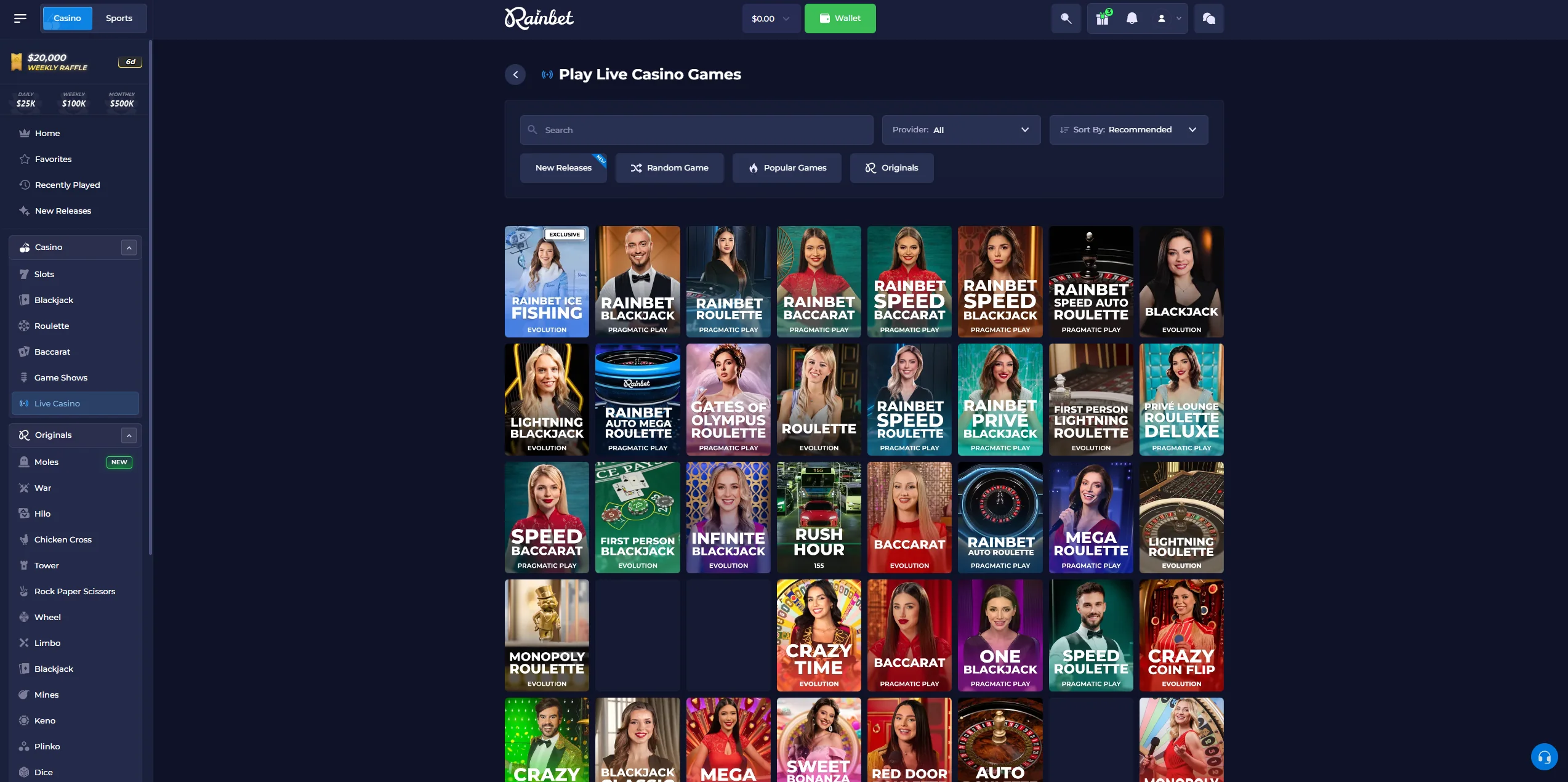 Rainbet live casino lobby with blackjack, roulette, baccarat and game shows