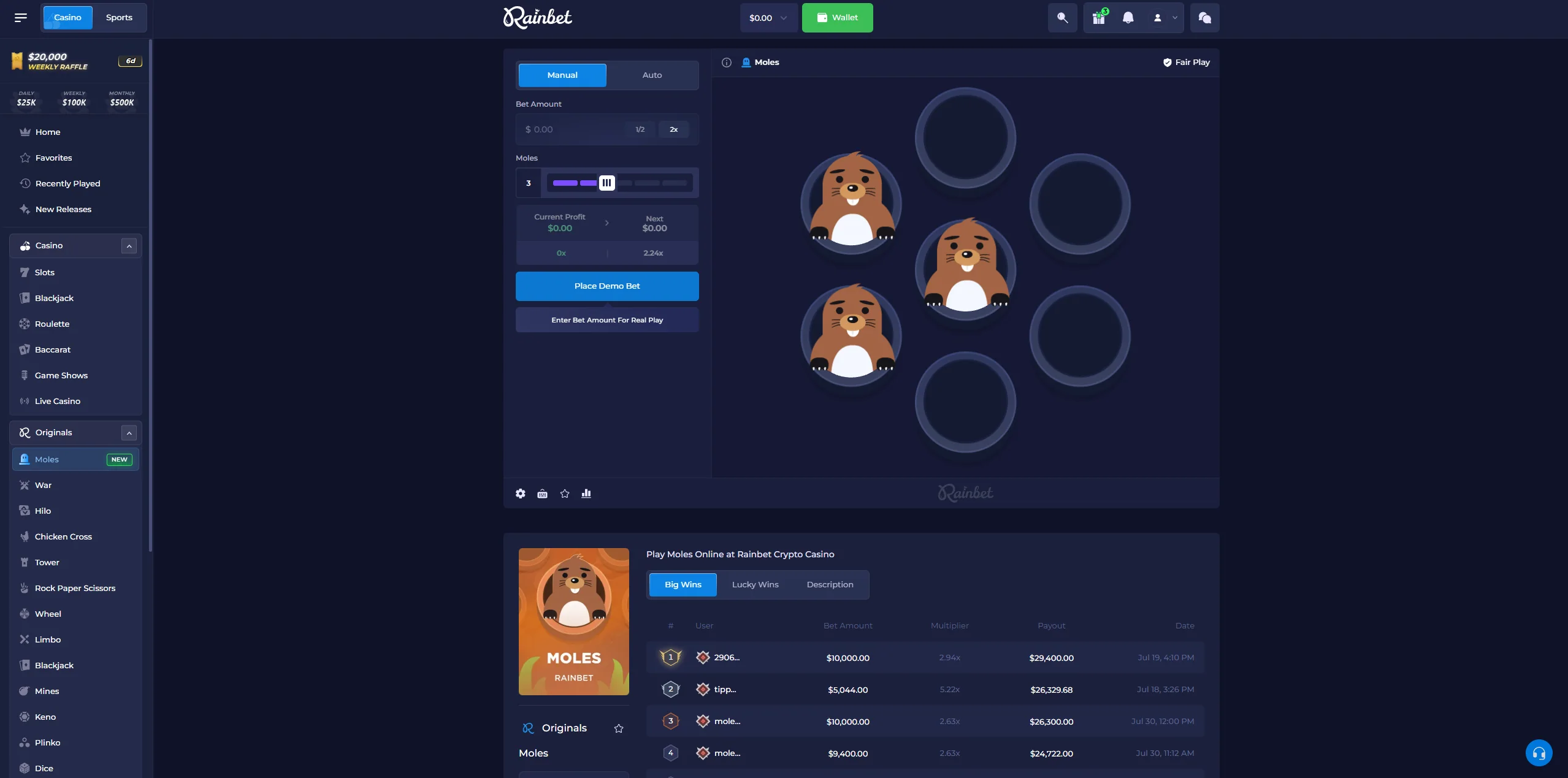Rainbet Moles Original in demo mode