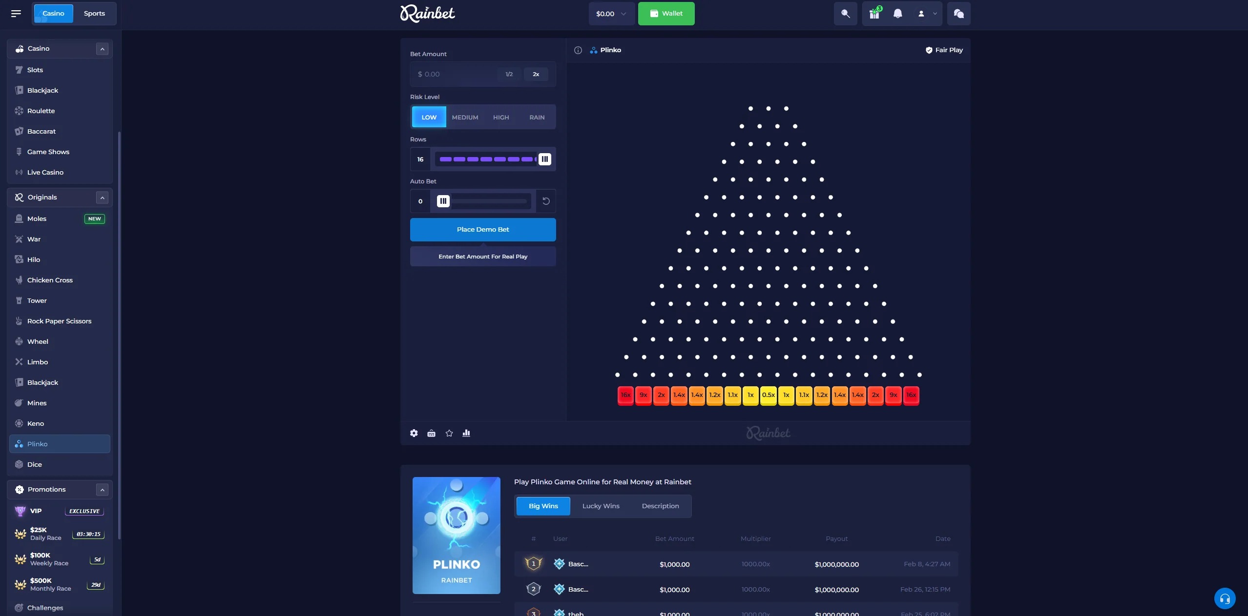 Rainbet Plinko Original with risk and row controls