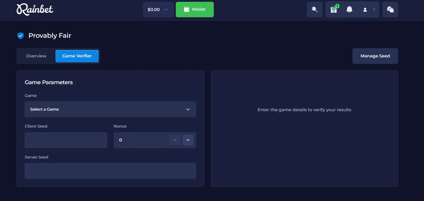 Rainbet provably fair game verifier with client seed, nonce and server seed fields