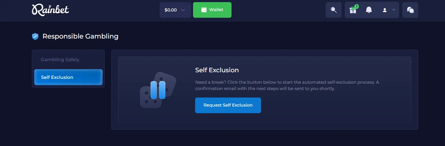 Rainbet responsible gambling page with self-exclusion request