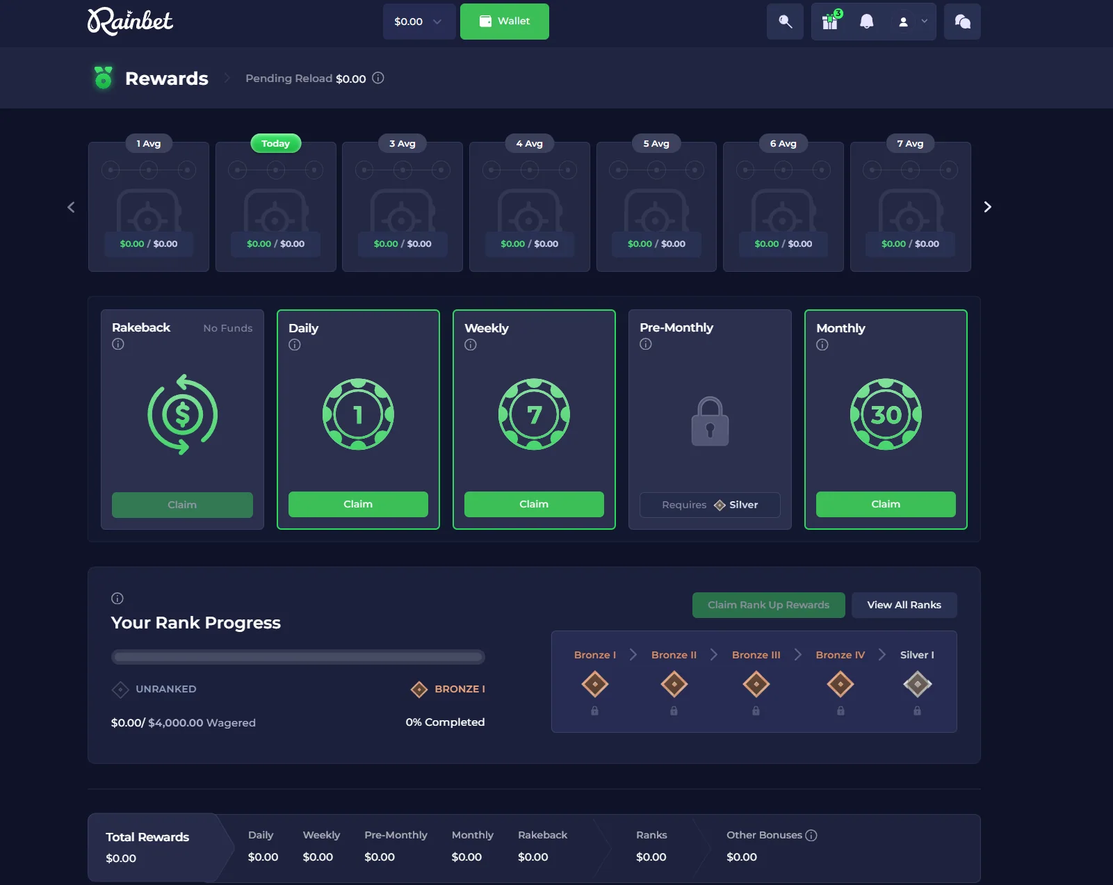 Rainbet rewards dashboard with daily, weekly, pre-monthly, monthly and rakeback cards