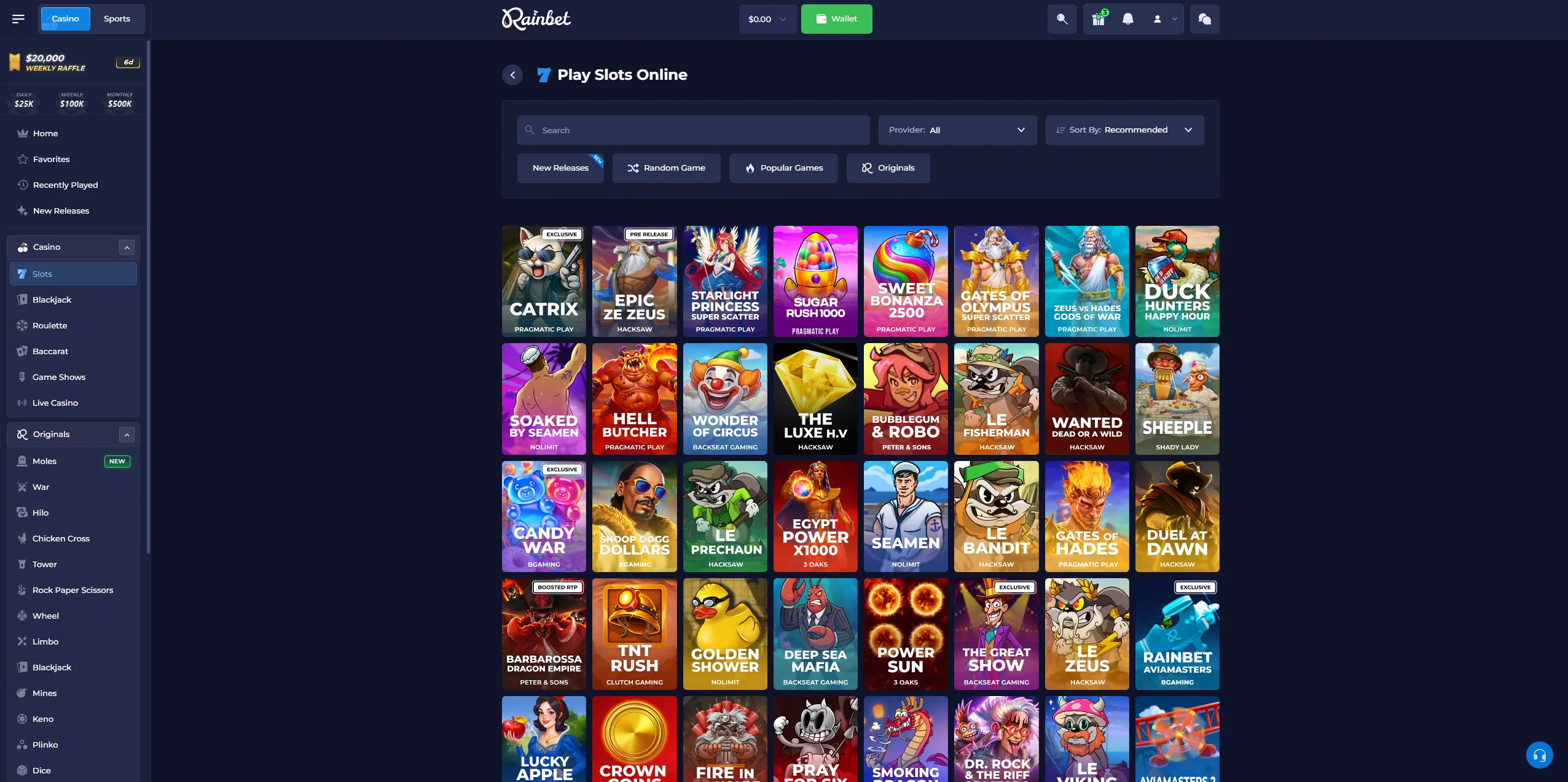Rainbet slots page with search, provider filter and game thumbnails