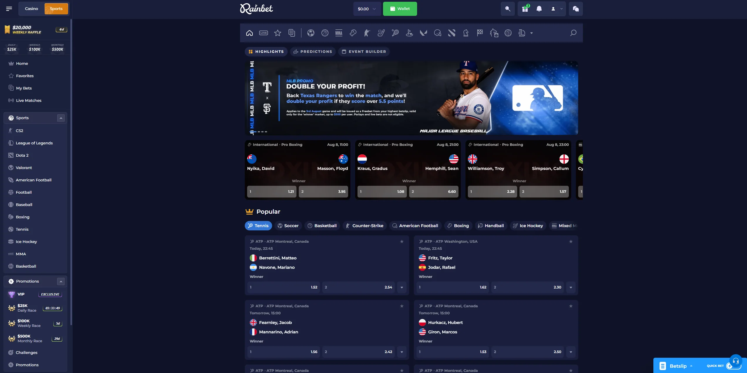 Rainbet sportsbook with live events, sport categories and betting markets