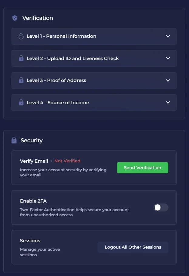 Rainbet account page showing four verification levels and security controls