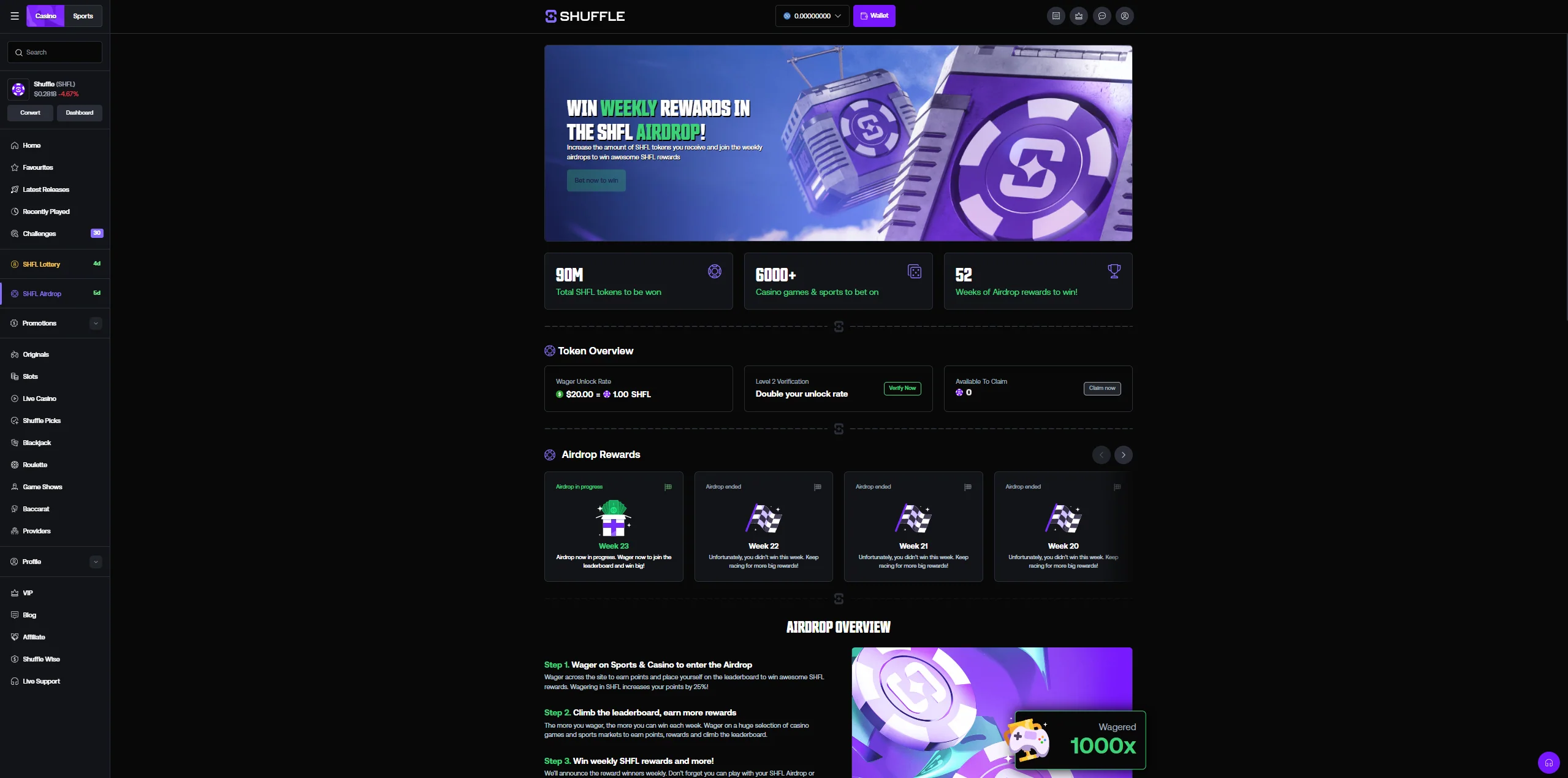 Shuffle SHFL airdrop dashboard showing token overview and weekly rewards