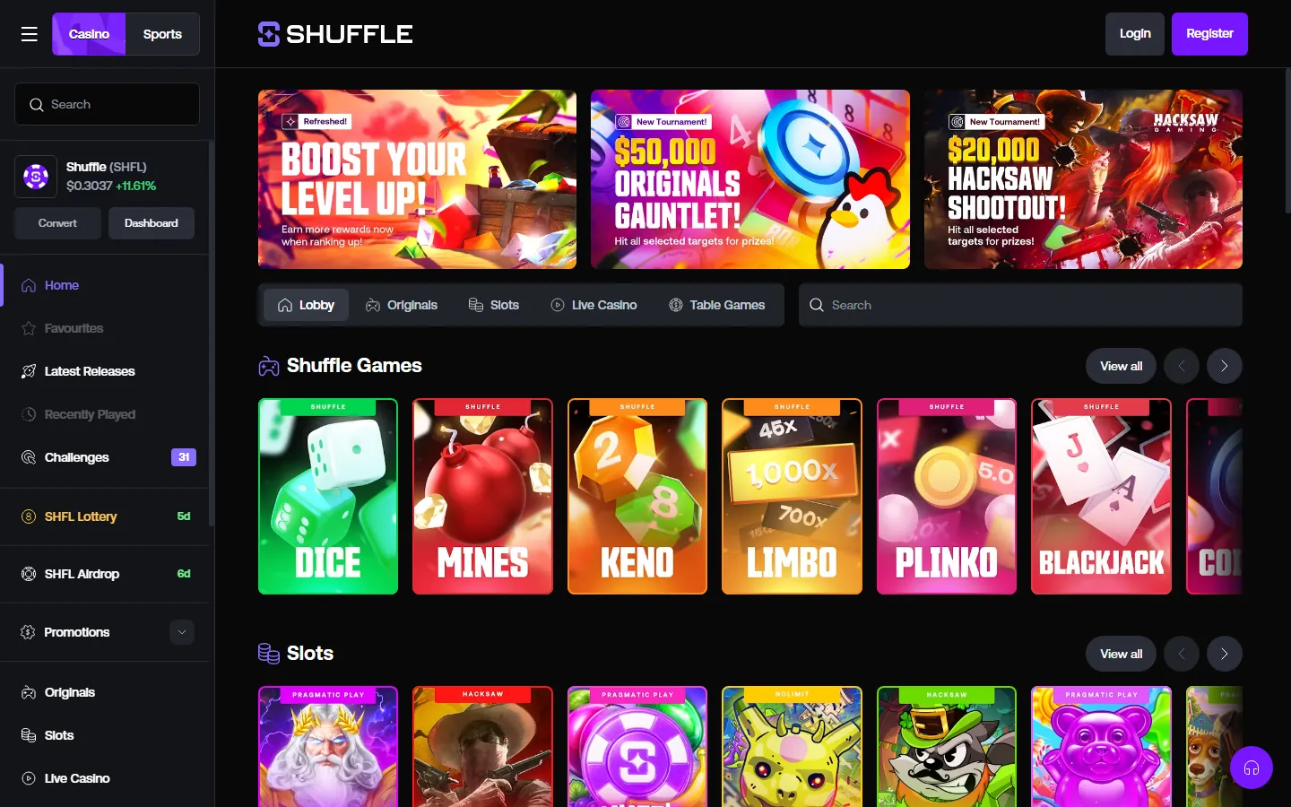 Shuffle public casino lobby showing originals, slots and live casino categories