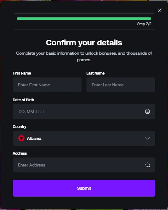 Shuffle account form requesting first name, last name, date of birth, country and address