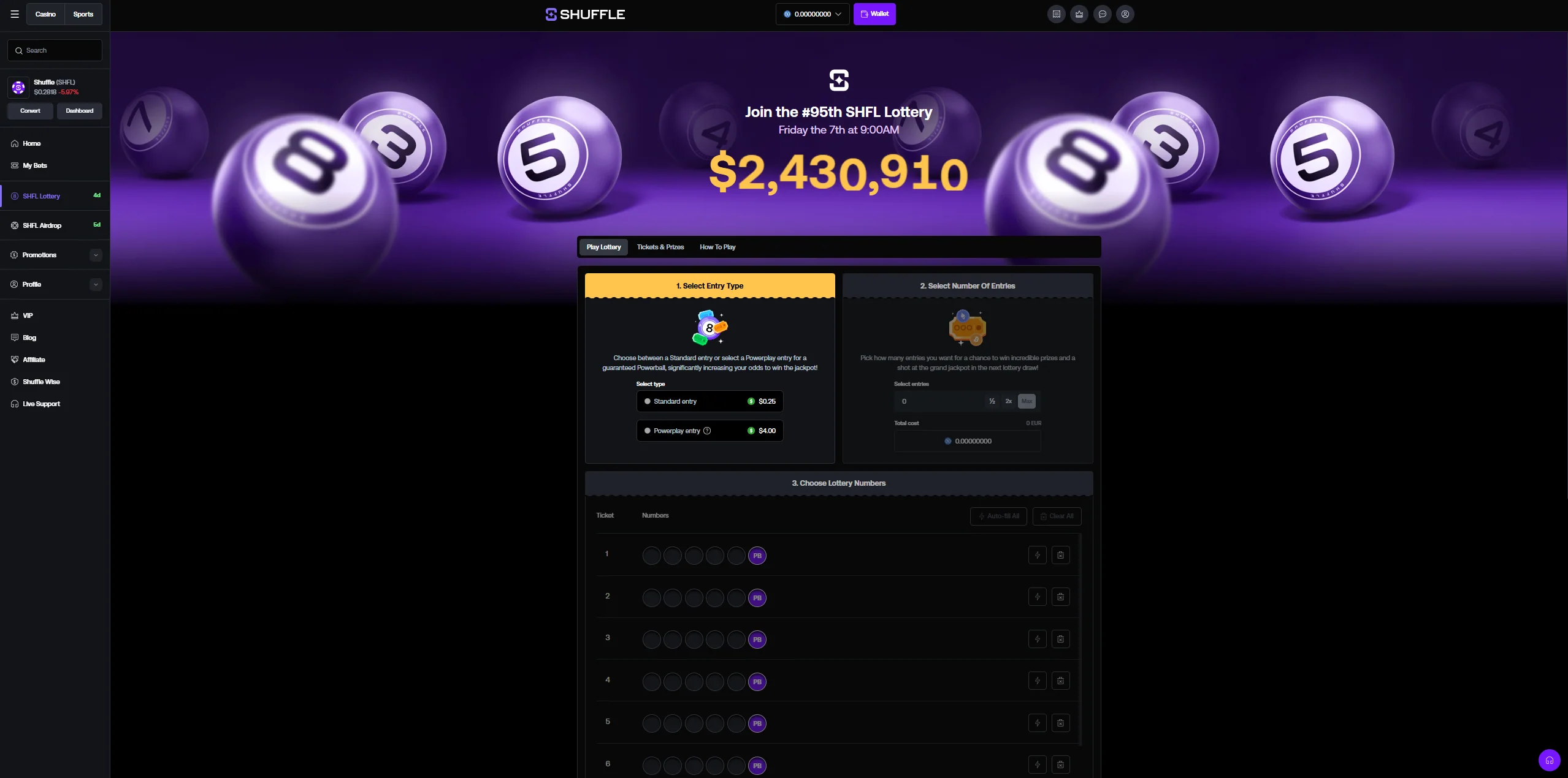 Shuffle SHFL lottery interface with standard and Powerplay entry options