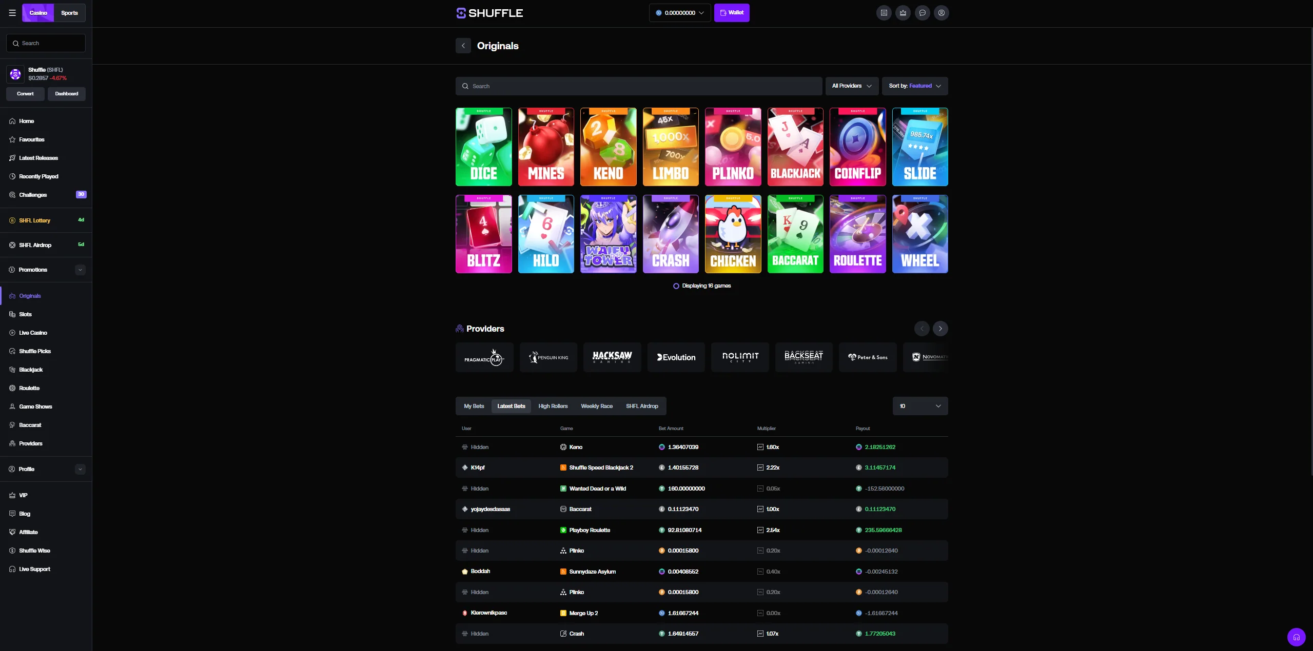 Shuffle Originals library showing 16 proprietary games