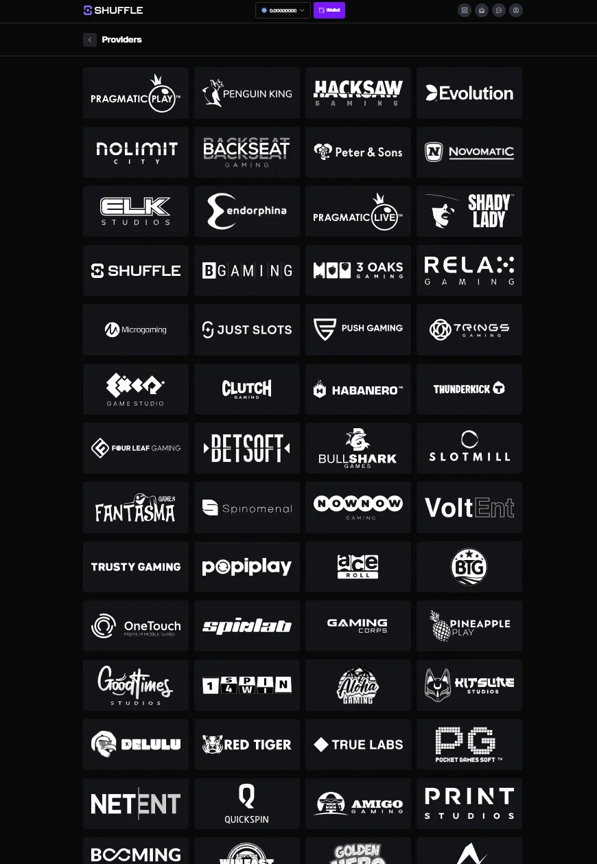 Shuffle casino provider directory showing a large provider grid