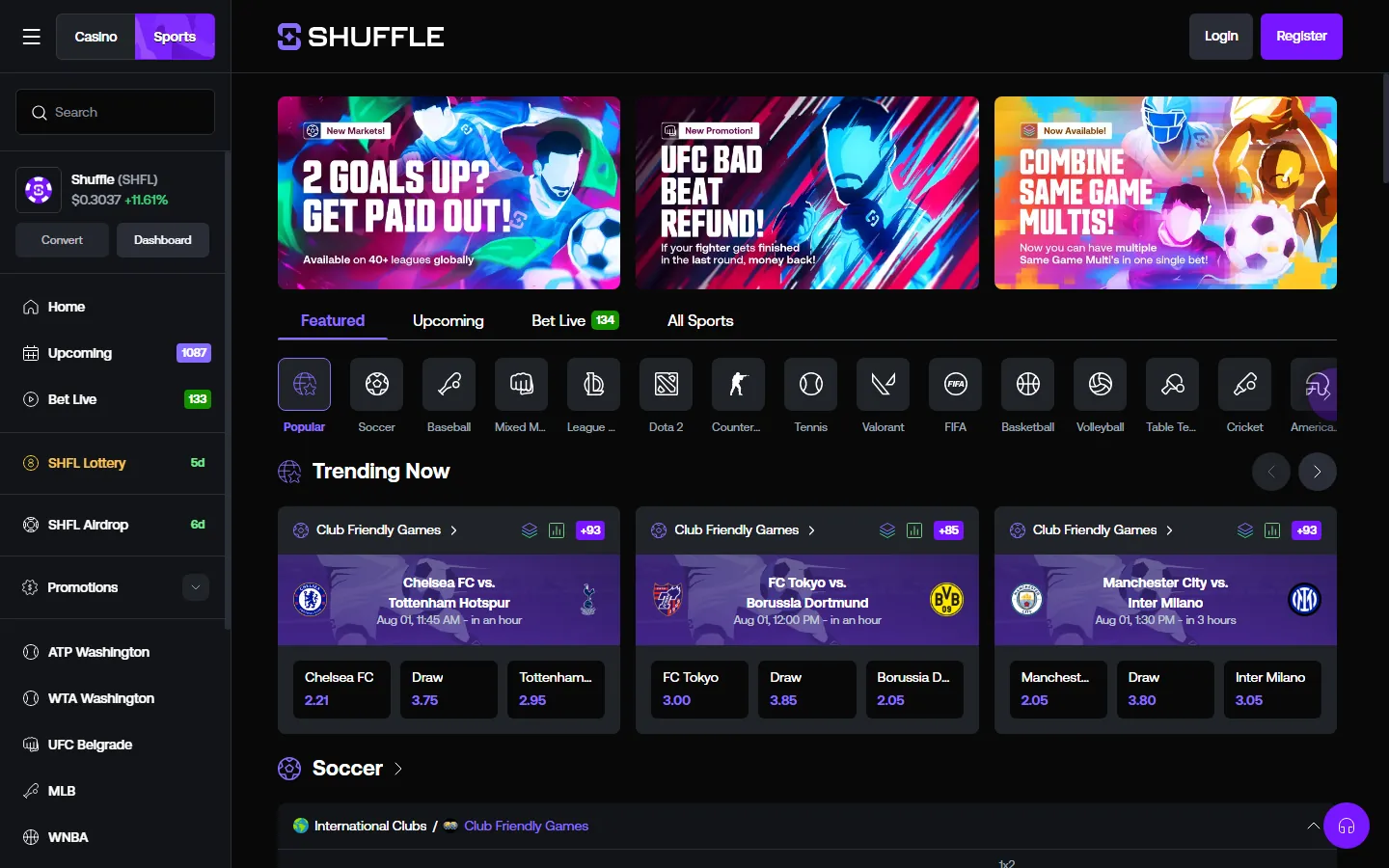 Shuffle public sportsbook showing sports, esports and football markets