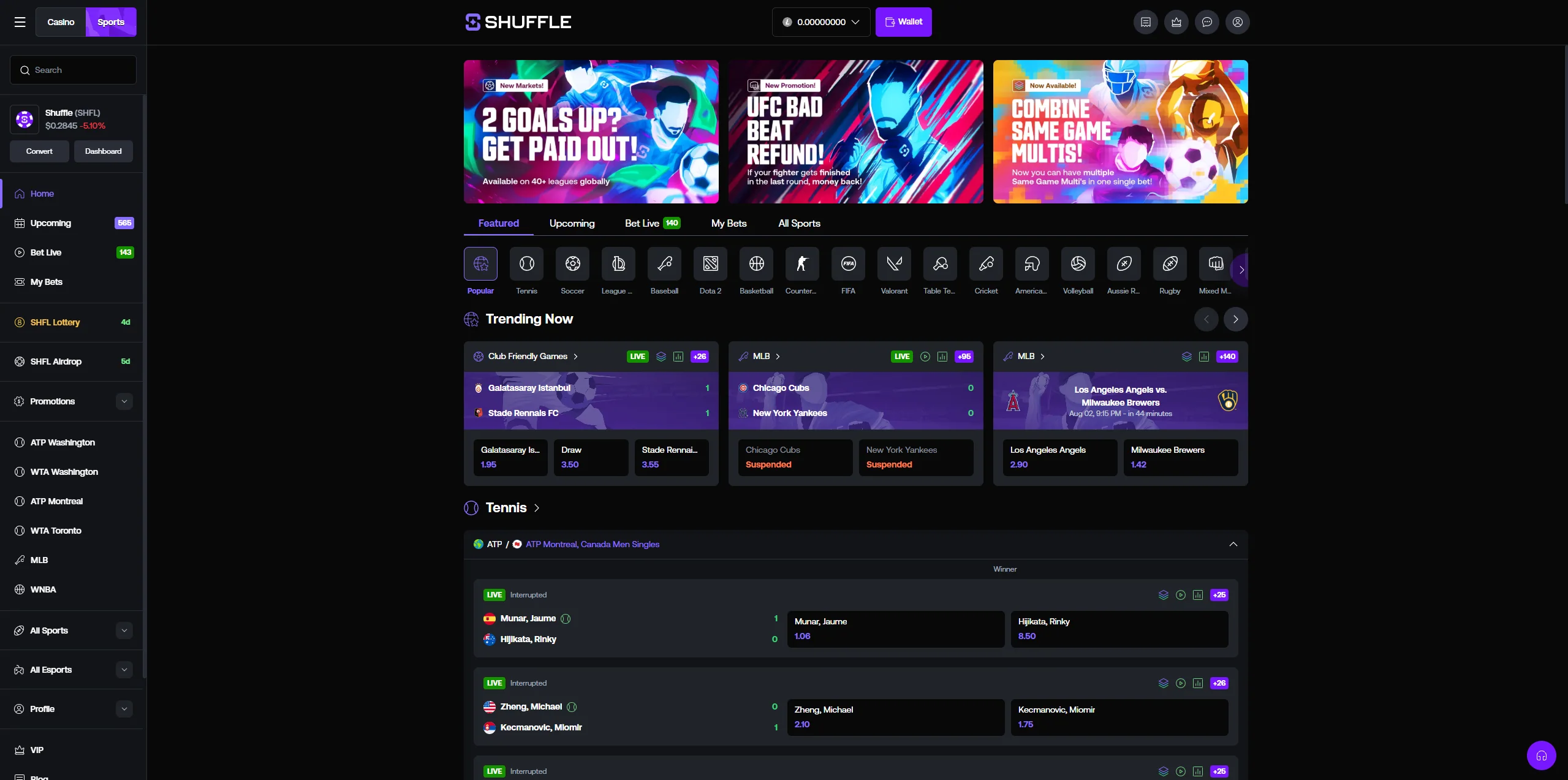 Shuffle sportsbook showing sports, esports and football betting markets