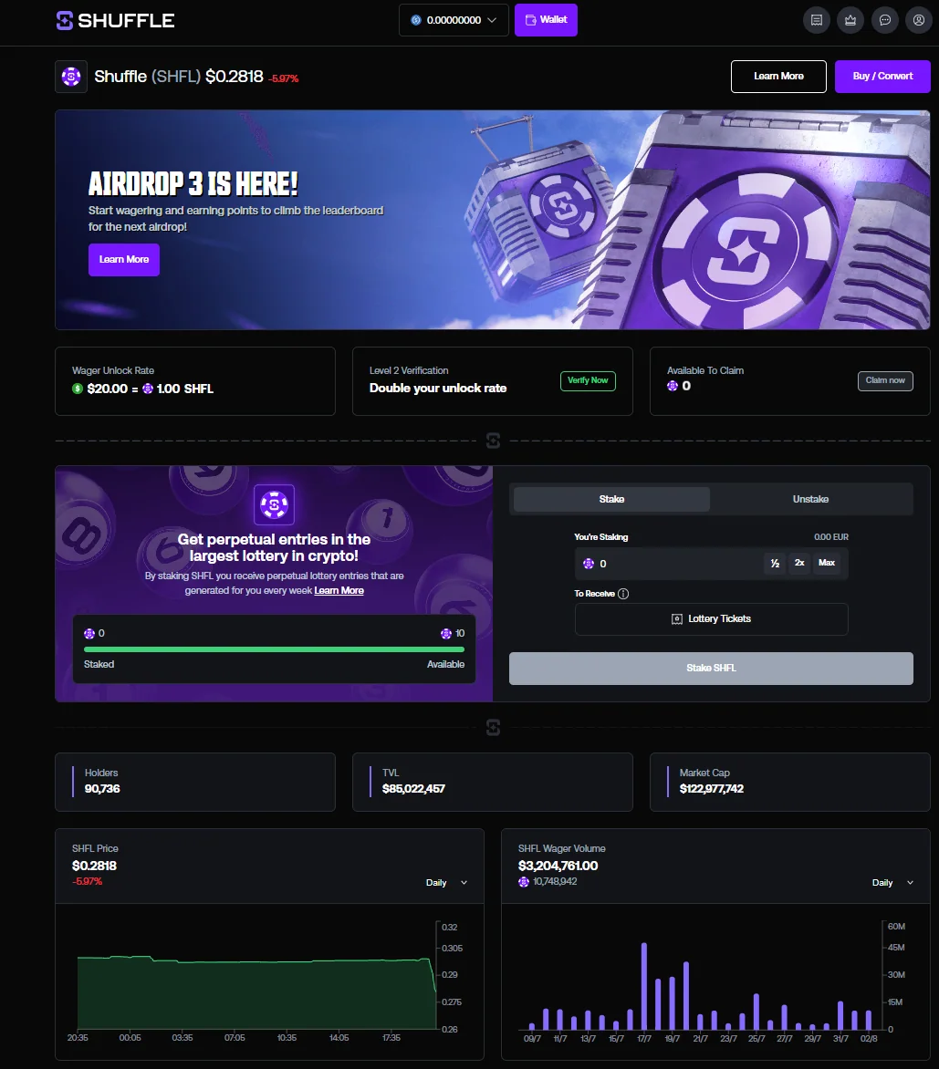 Shuffle SHFL token dashboard showing airdrop, staking, token supply and market statistics