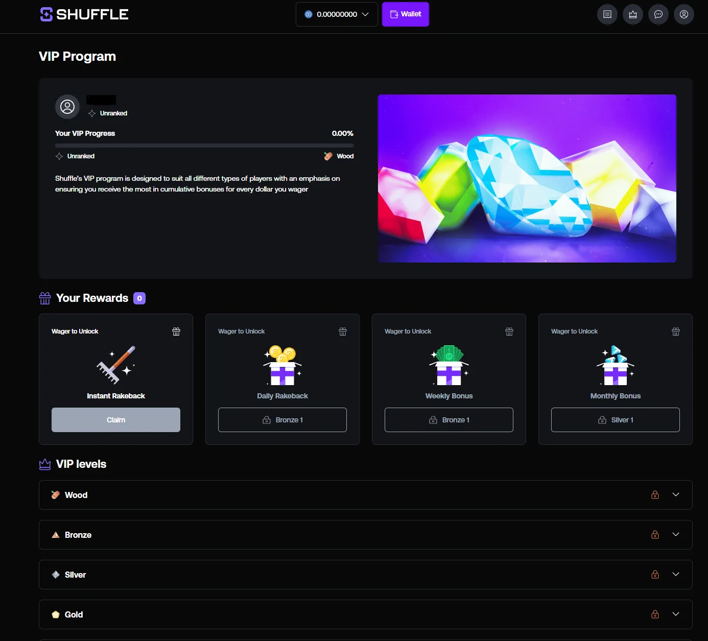 Shuffle VIP dashboard showing progress, rewards and VIP level groups
