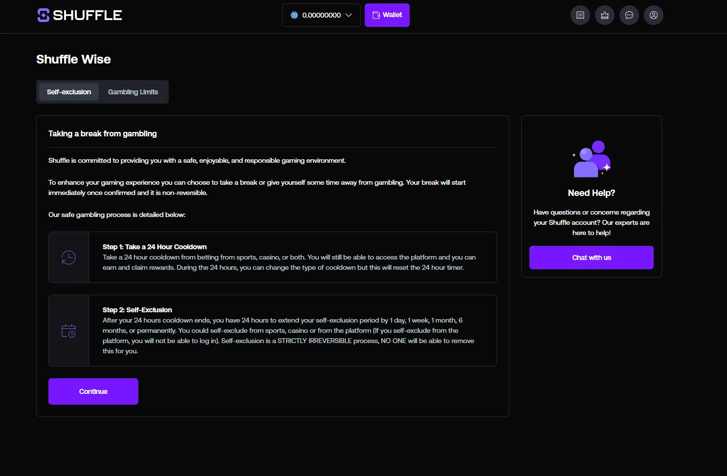 Shuffle Wise self-exclusion page explaining the cooldown and exclusion steps