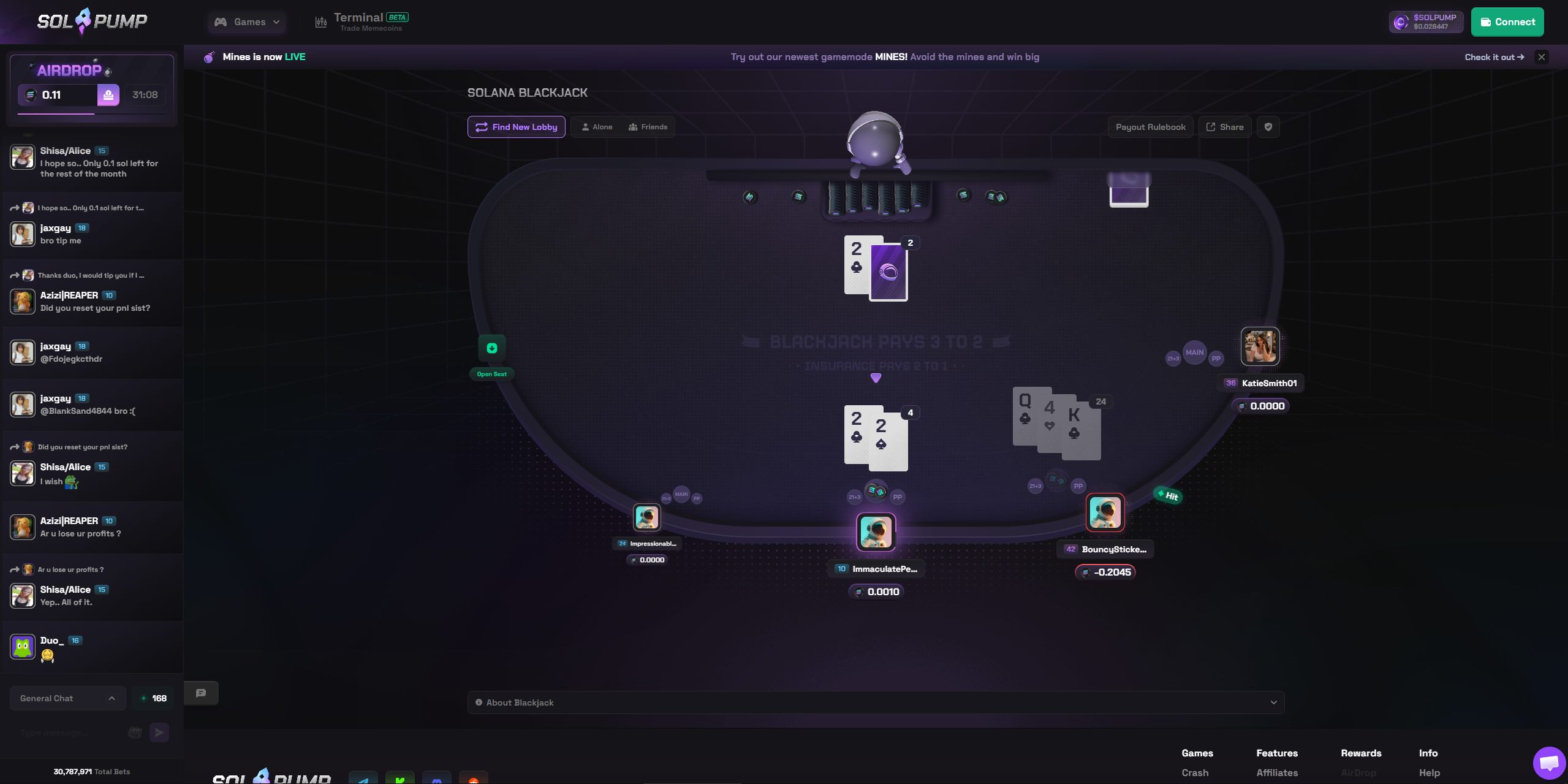 SolPump multiplayer blackjack table with player seats and game controls