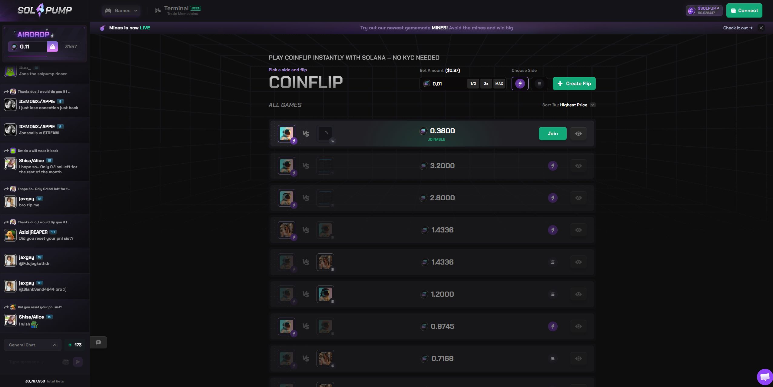 SolPump Coinflip page showing open player-versus-player lobbies