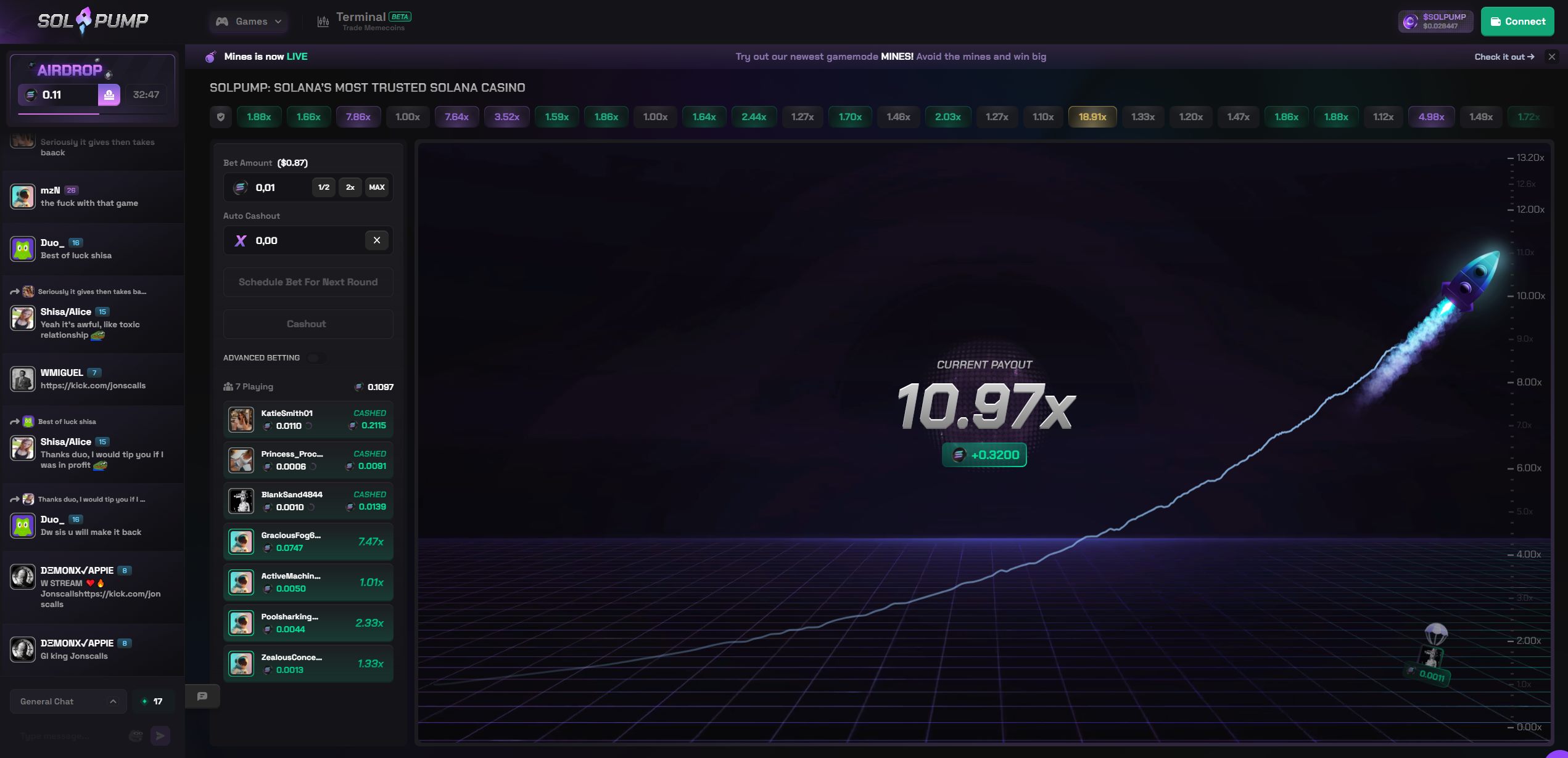 SolPump Crash game interface with live multiplier chart and player activity