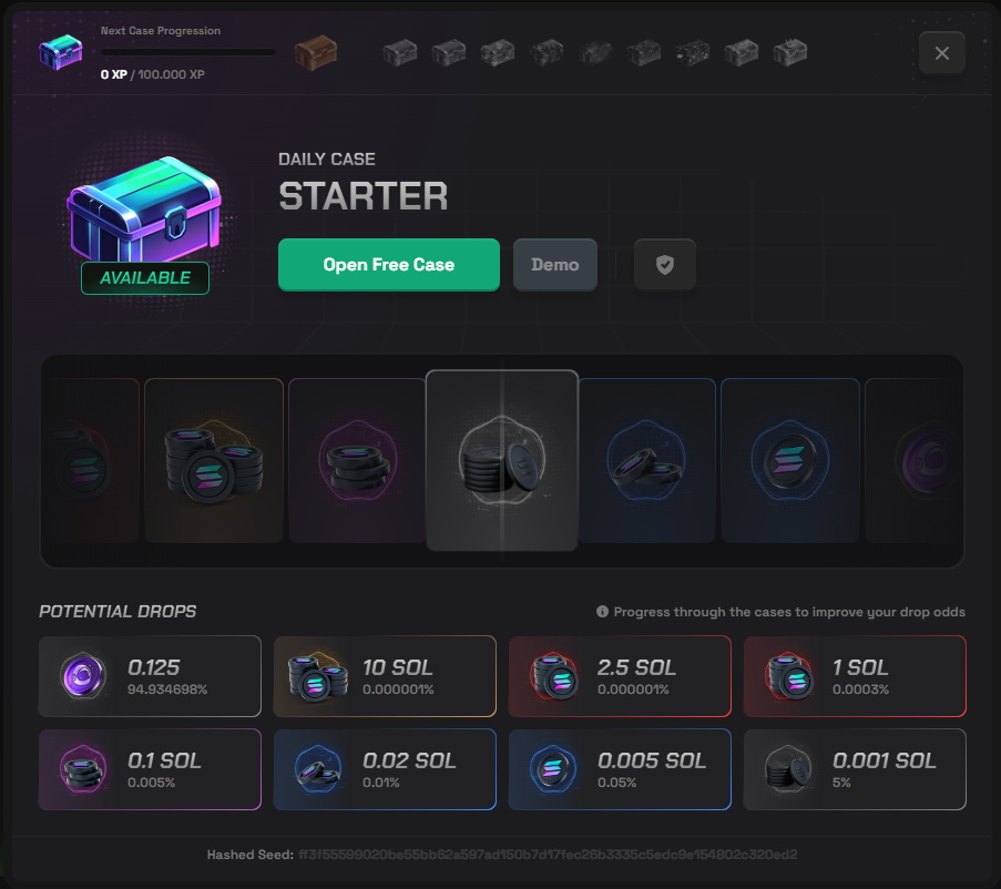 SolPump daily case reward panel showing potential drops and displayed probabilities