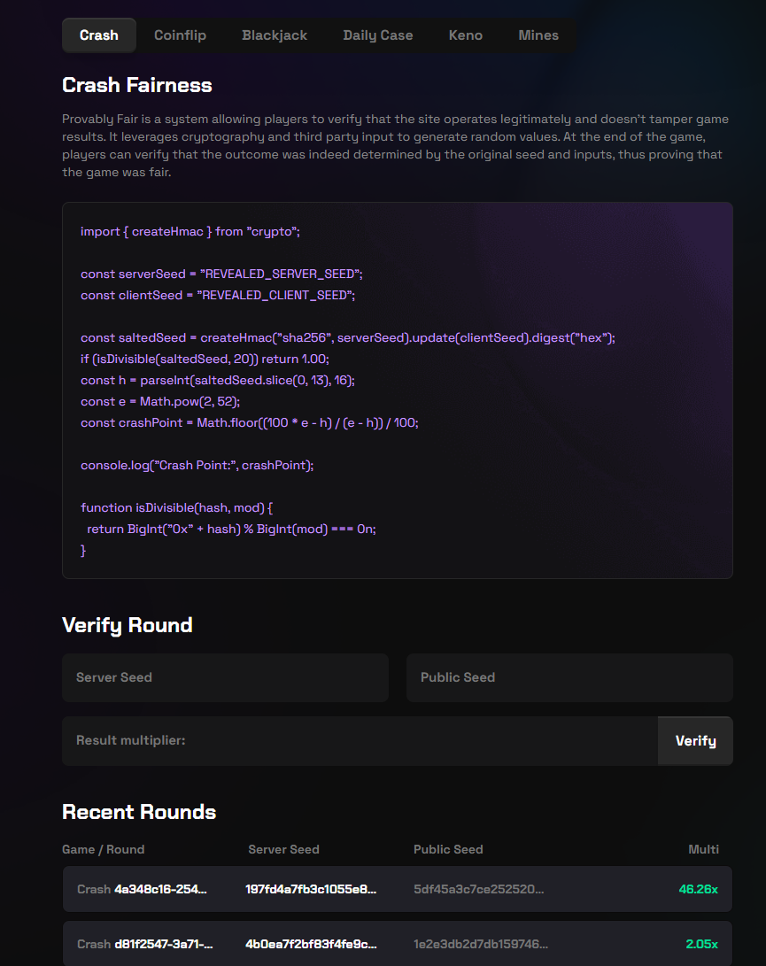 SolPump Crash fairness page with code explanation and seed verification form