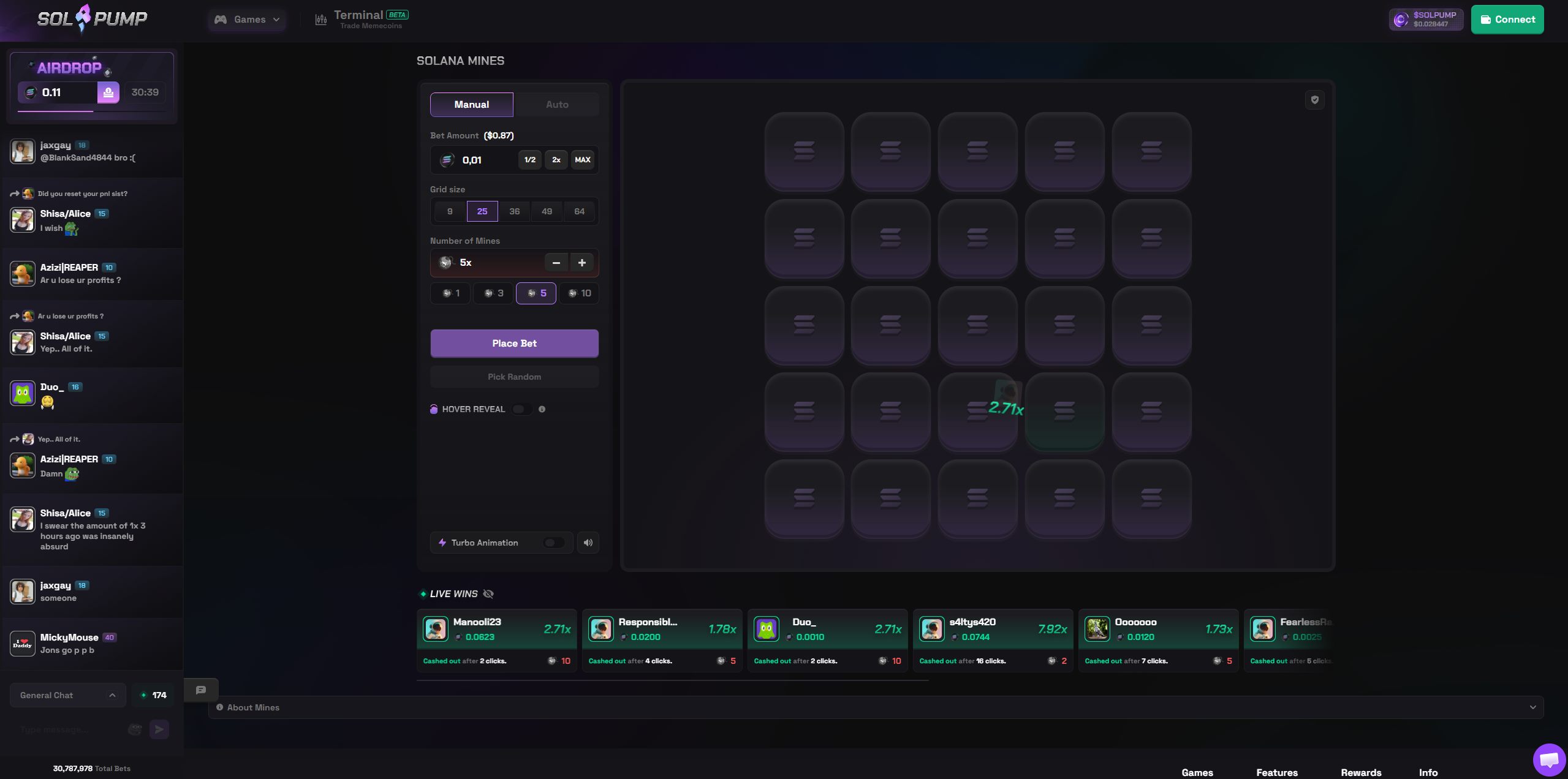 SolPump Mines game with grid size and mine count controls