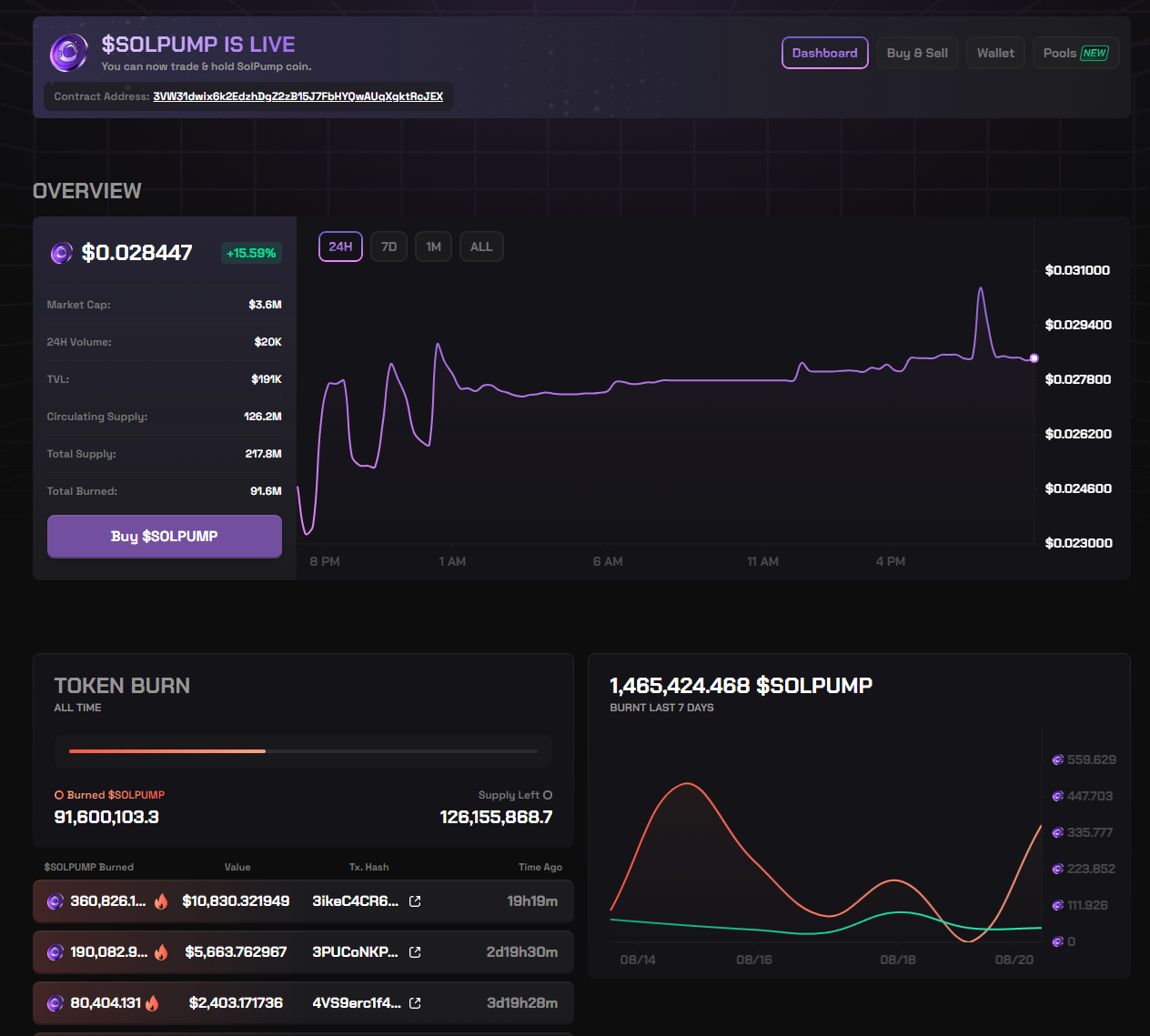 SolPump token dashboard showing market information, supply and burn panels