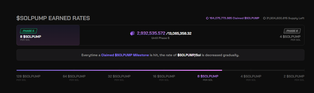 SolPump earned rates screen showing staged token reward progression