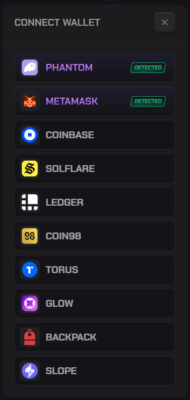 SolPump connect wallet modal listing Phantom, MetaMask, Coinbase, Solflare, Ledger and other wallets