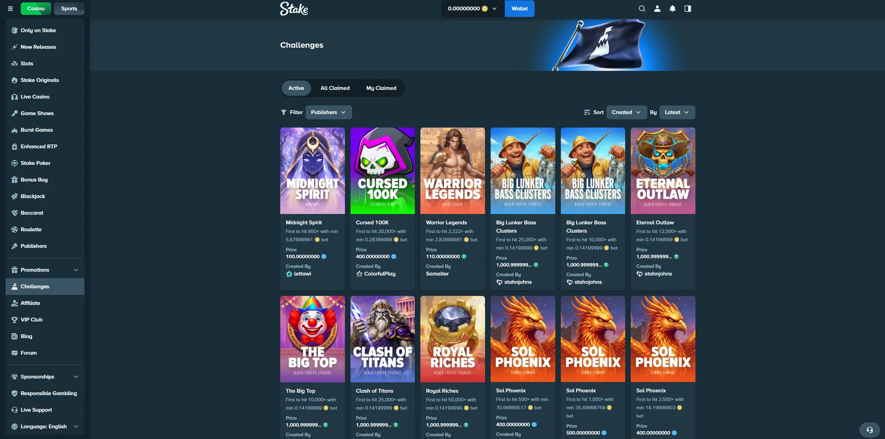 Stake Challenges page displaying active player-created game challenges