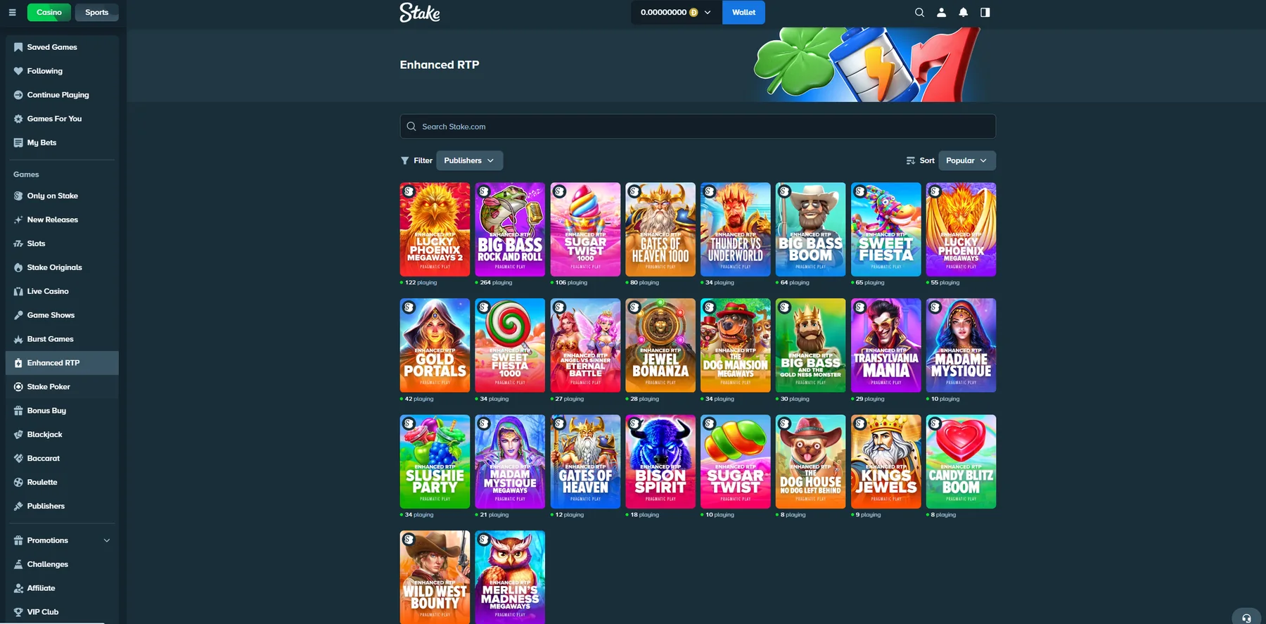 Stake Enhanced RTP category showing a selection of slot games