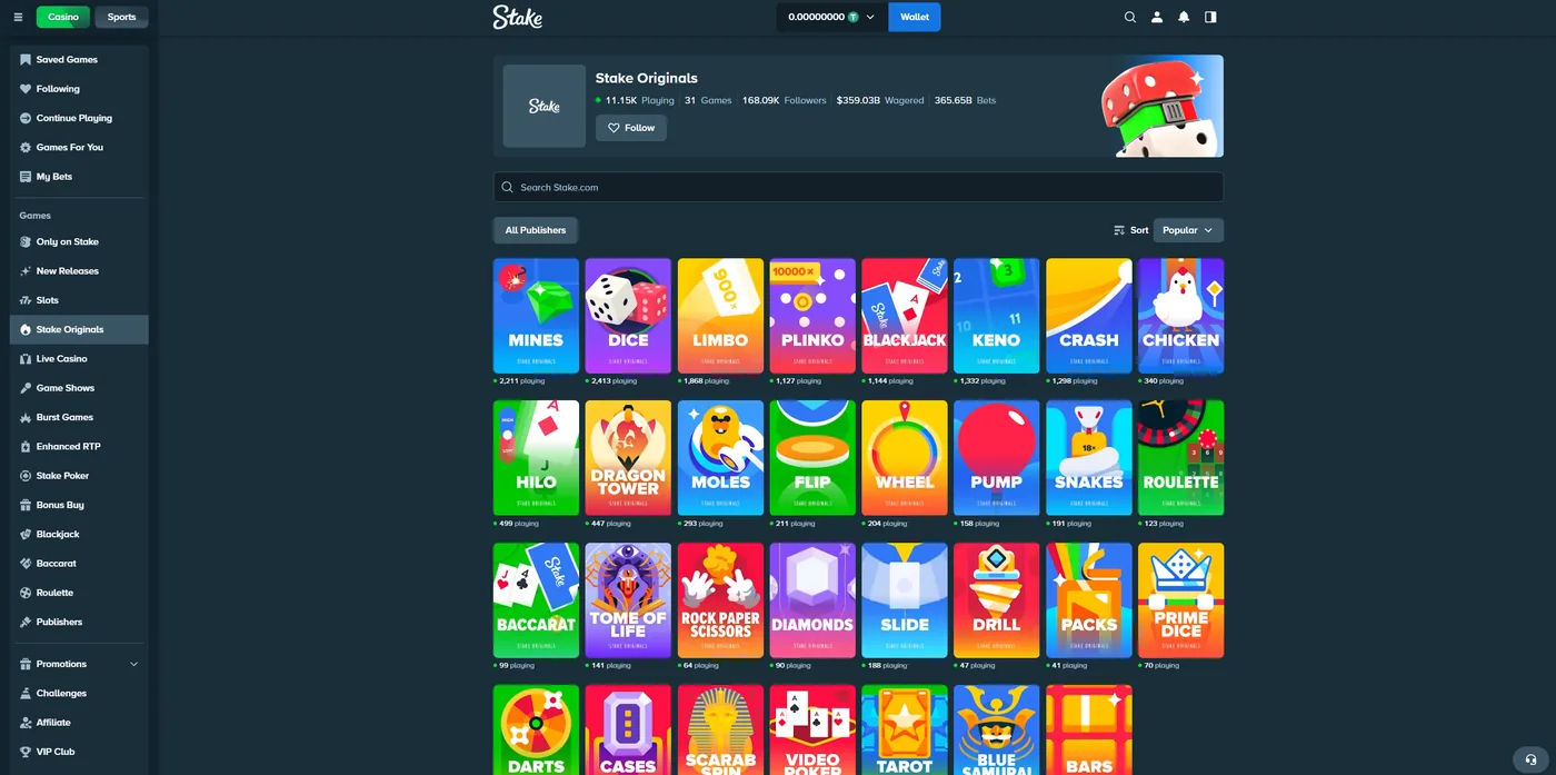 Stake Originals lobby showing Mines, Dice, Limbo, Plinko, Blackjack, Keno, Crash and Chicken