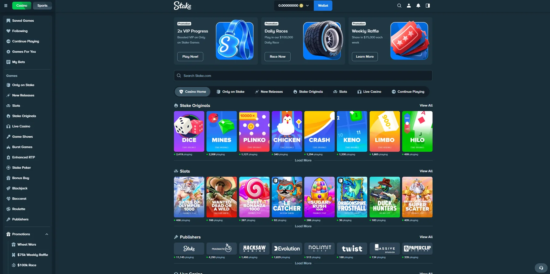 Stake casino homepage showing VIP progress, daily races and weekly raffle promotions