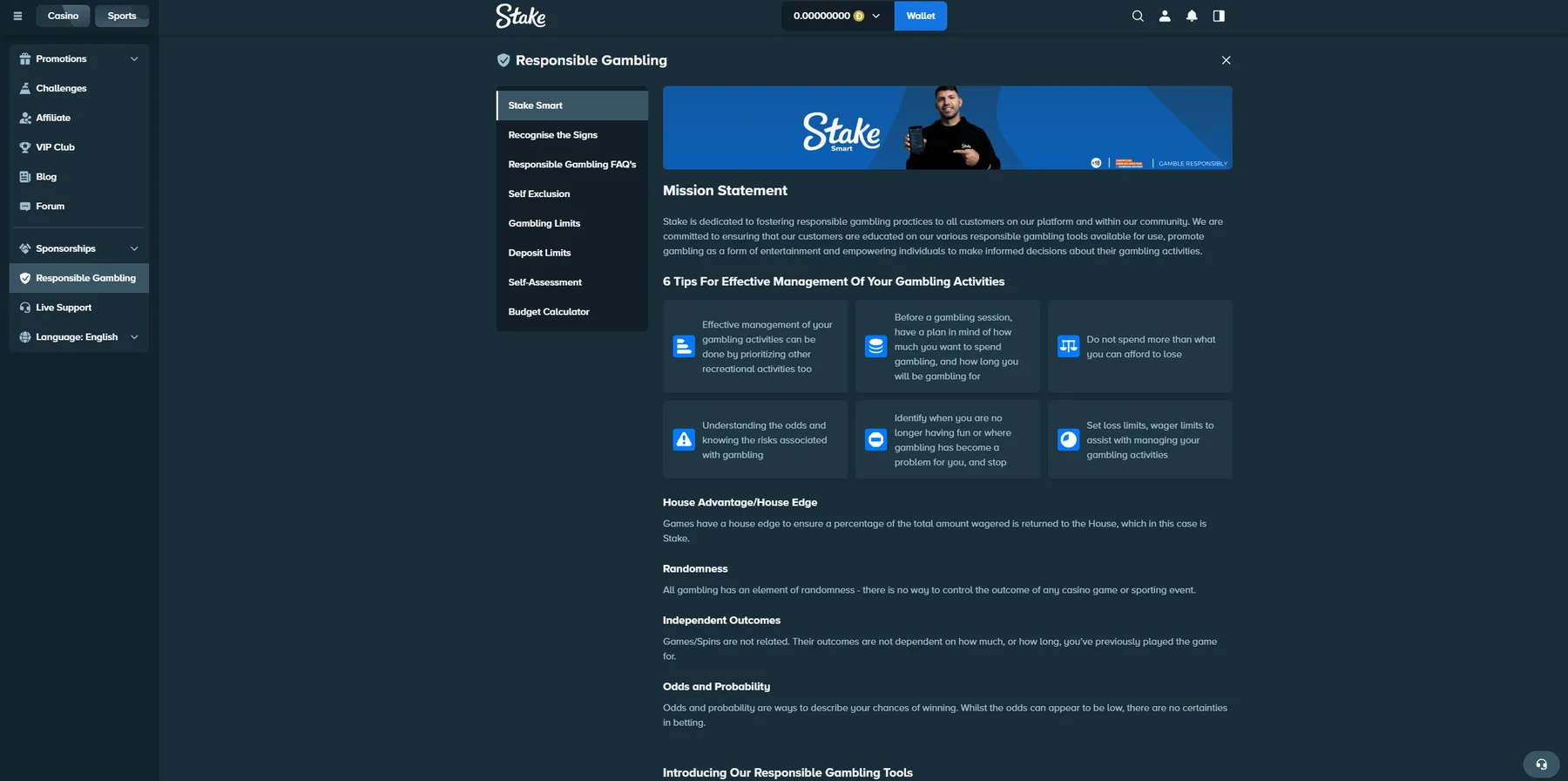 Stake responsible gambling area showing self-exclusion, gambling limits and deposit limits
