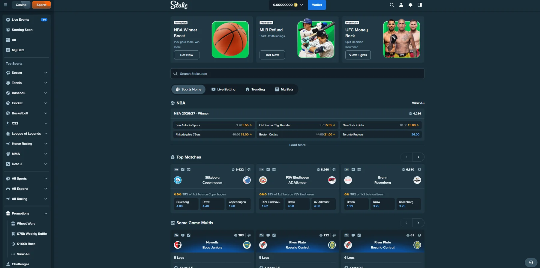 Stake sportsbook homepage showing live events, sports, esports and betting markets