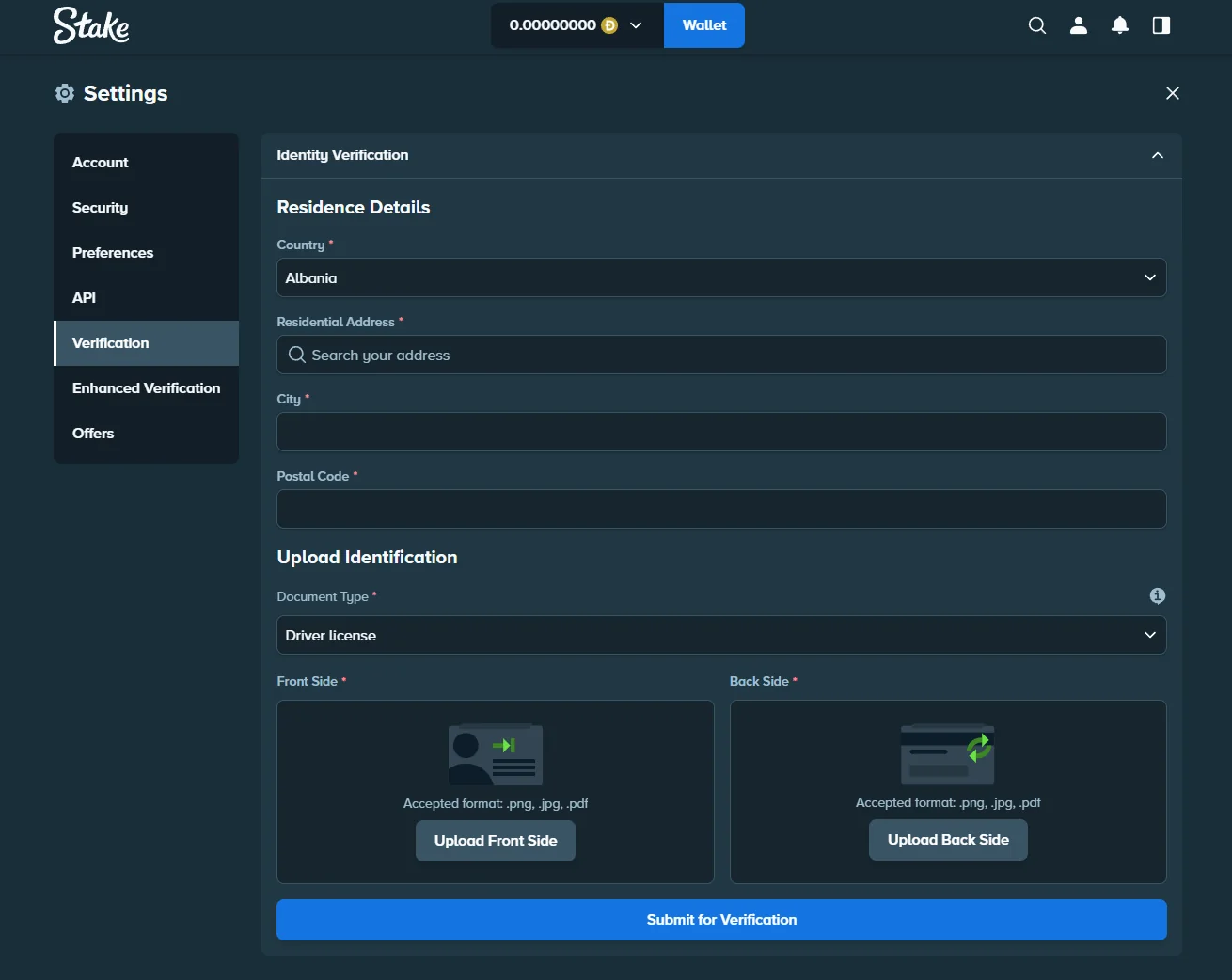 Stake identity verification form requesting residence details and identification documents