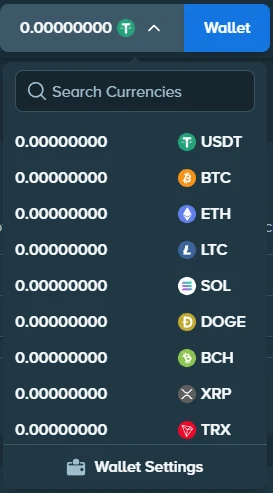 Stake wallet asset selector showing USDT, Bitcoin, Ethereum, Litecoin, Solana and other cryptocurrencies
